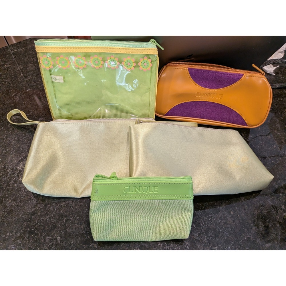 Clinique Makeup Bag Bundle 5pc Set Green Floral Satin Orange Purple Travel Pouch